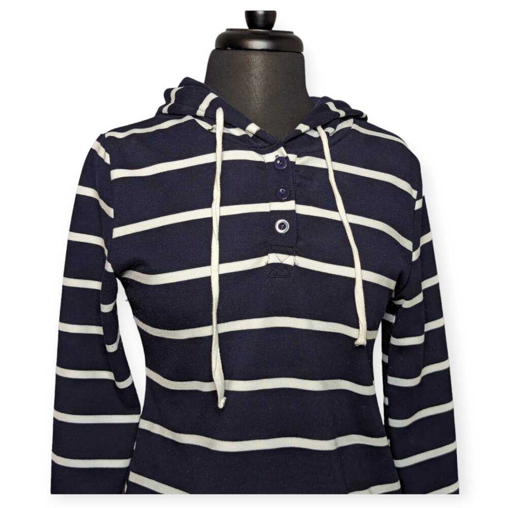 Blue & White Striped Long Sleeve Pullover Hoodie Size Small - Picture 2 of 13